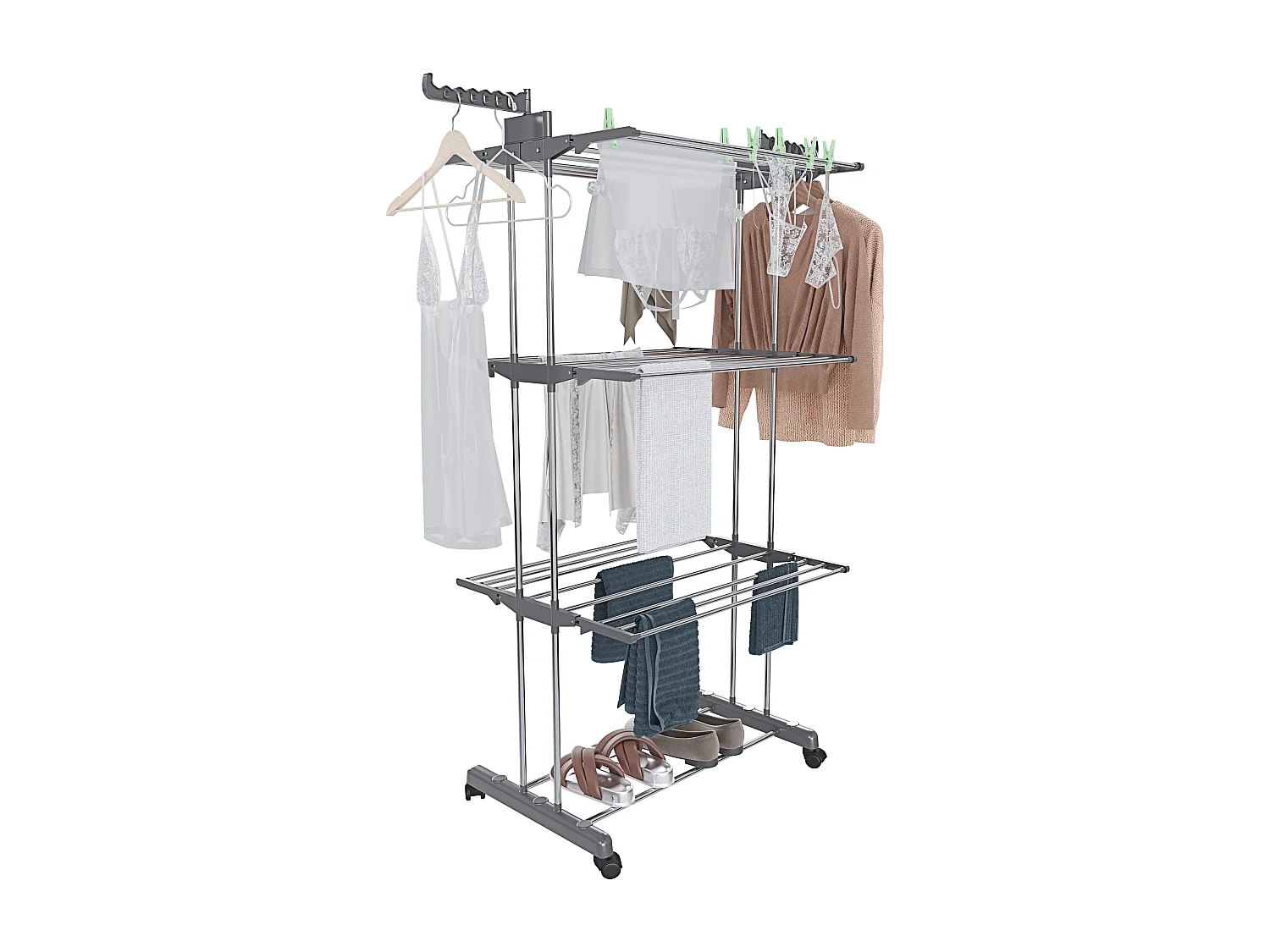 Stendibiancheria A Rotelle Stendino A Torre Verticale In Acciaio E ABS 4 Piani Ripiani Pieghevole Salvaspazio Biancheria Interno Esterno 169 x 75.5 x 63.5 Cm Grigio