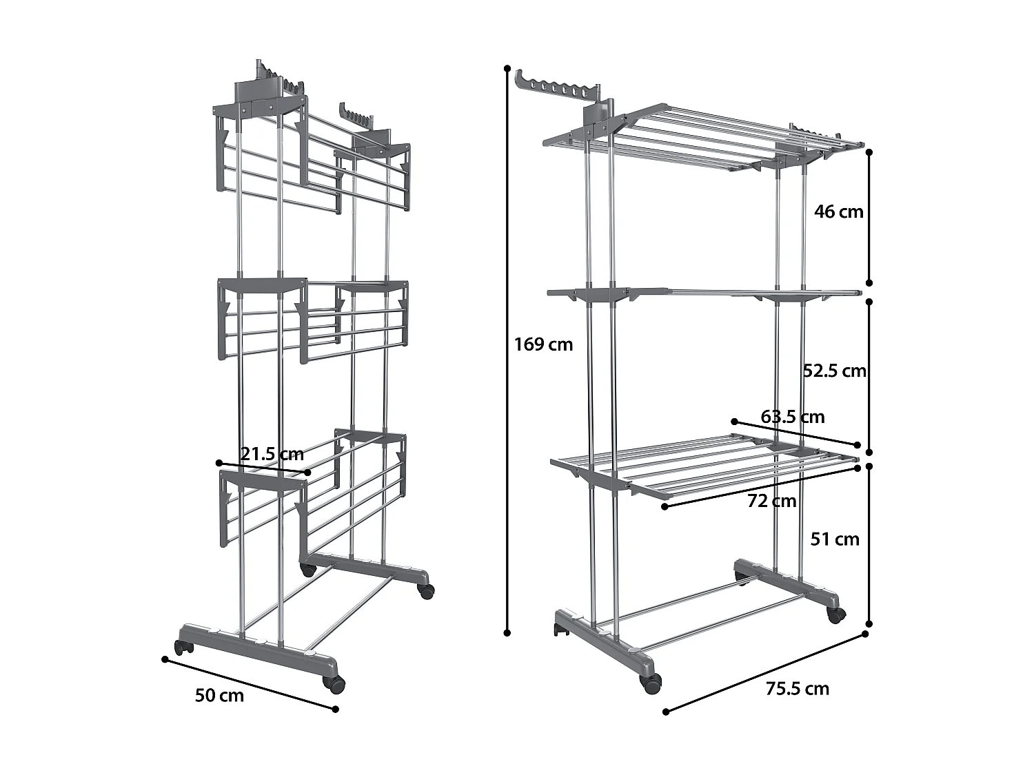 Stendibiancheria A Rotelle Stendino A Torre Verticale In Acciaio E ABS 4 Piani Ripiani Pieghevole Salvaspazio Biancheria Interno Esterno 169 x 75.5 x 63.5 Cm Grigio