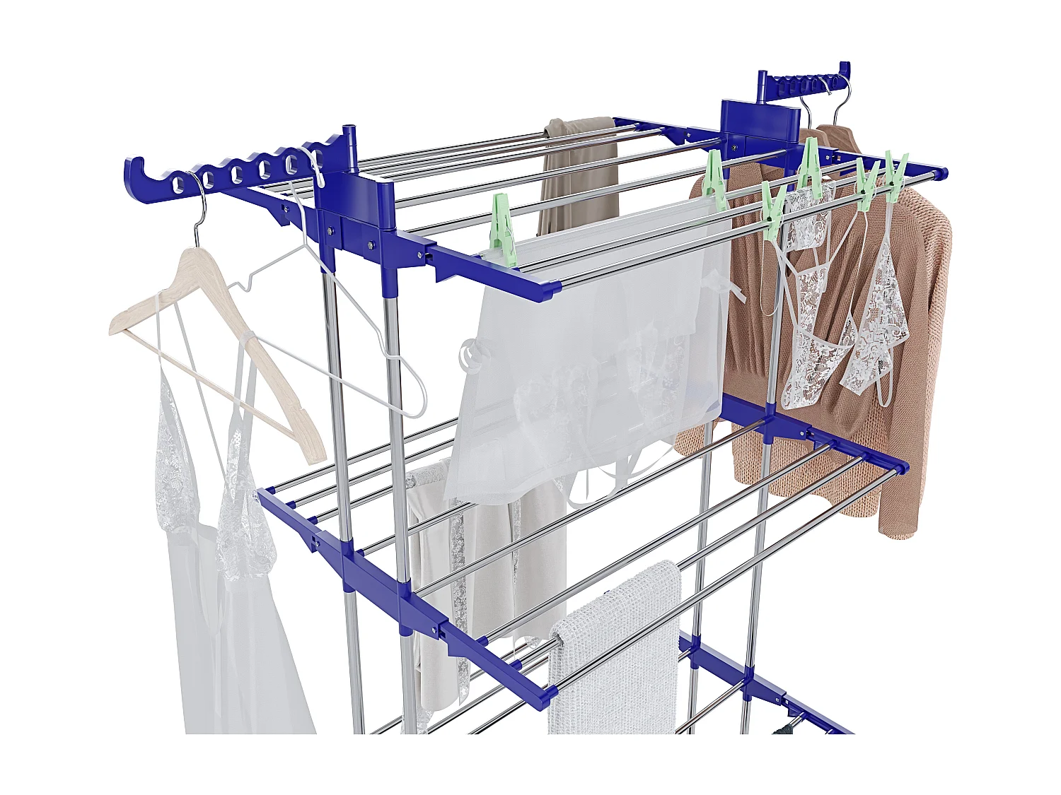Stendibiancheria A Rotelle Stendino A Torre Verticale In Acciaio E ABS 4 Piani Ripiani Pieghevole Salvaspazio Biancheria Interno Esterno 169 x 75.5 x 63.5 Cm (Blu)