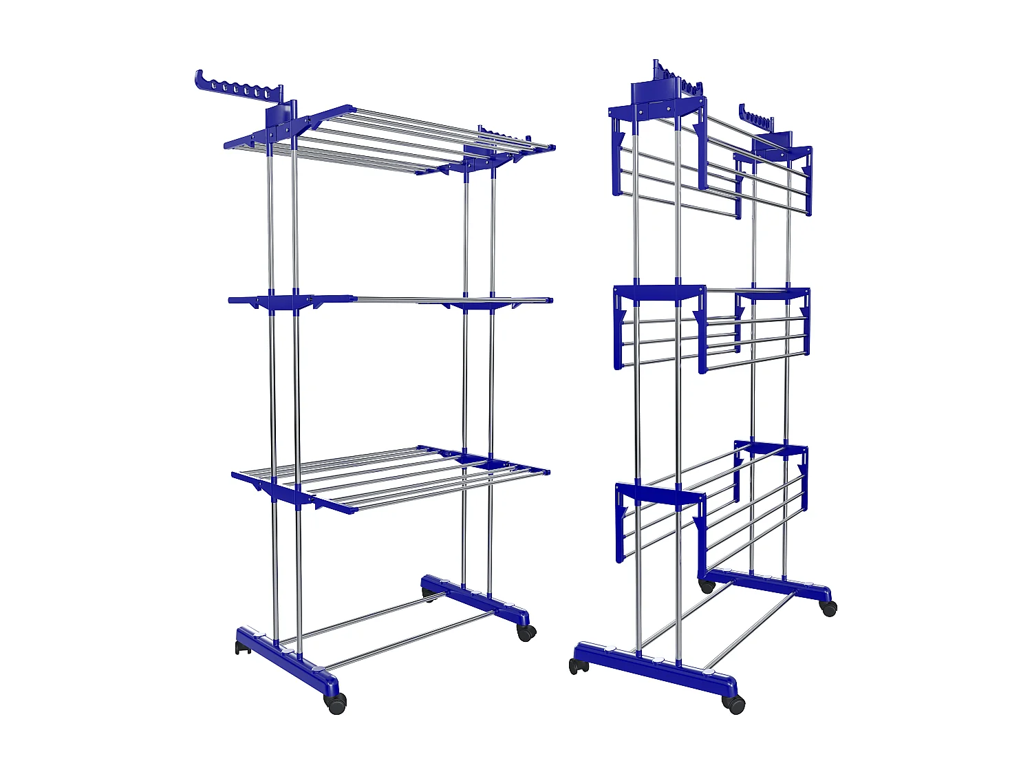 Stendibiancheria A Rotelle Stendino A Torre Verticale In Acciaio E ABS 4 Piani Ripiani Pieghevole Salvaspazio Biancheria Interno Esterno 169 x 75.5 x 63.5 Cm (Blu)