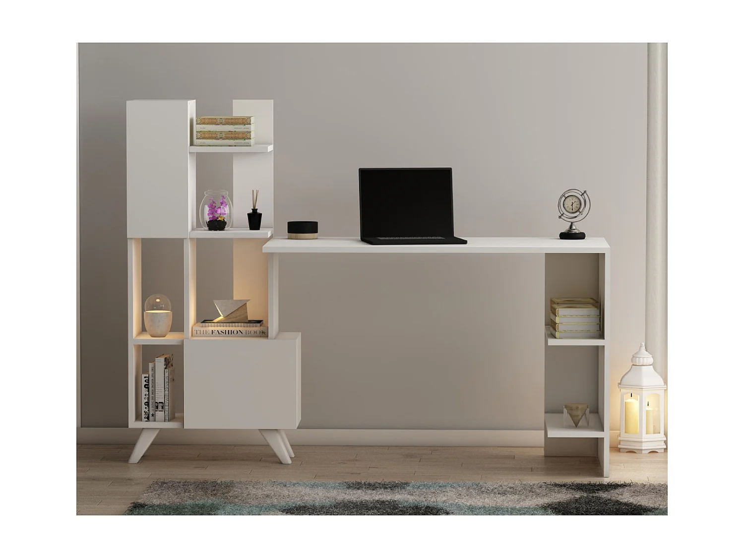 Secretária contemporânea 9 compartimentos KUHMO - branco estilo industrial carvalho e preto com prateleiras