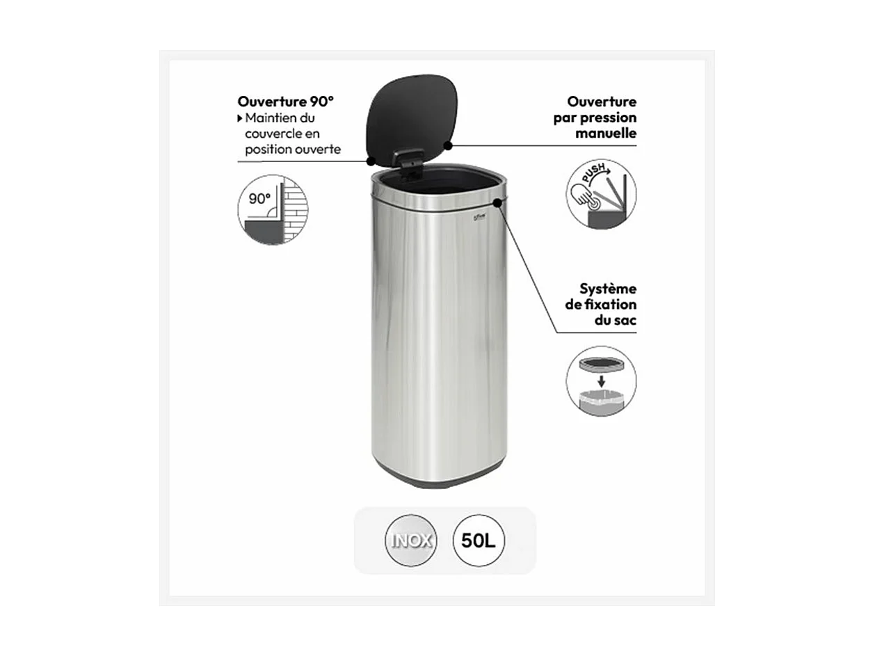 Poubelle de Cuisine Ouverture Pression "Inox" 50L Argent