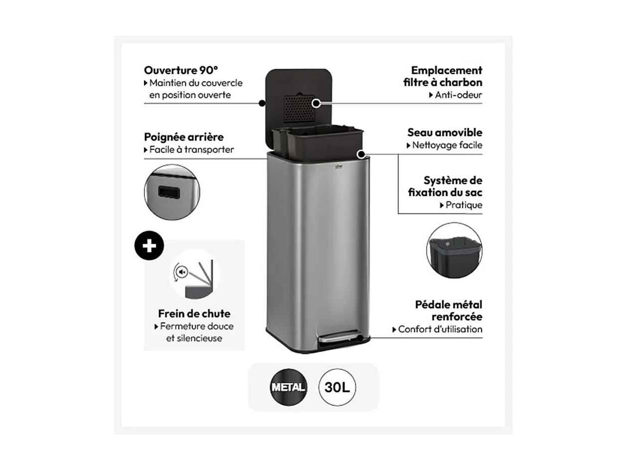 Poubelle de Cuisine à Pédale en Métal "Delta" 30L Noir