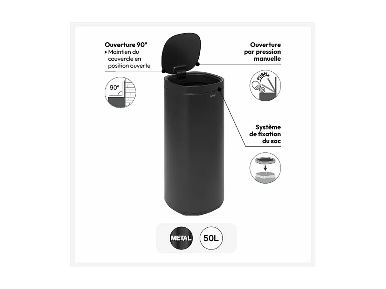 Poubelle de Cuisine Ouverture Pression "Inox" 50L Noir