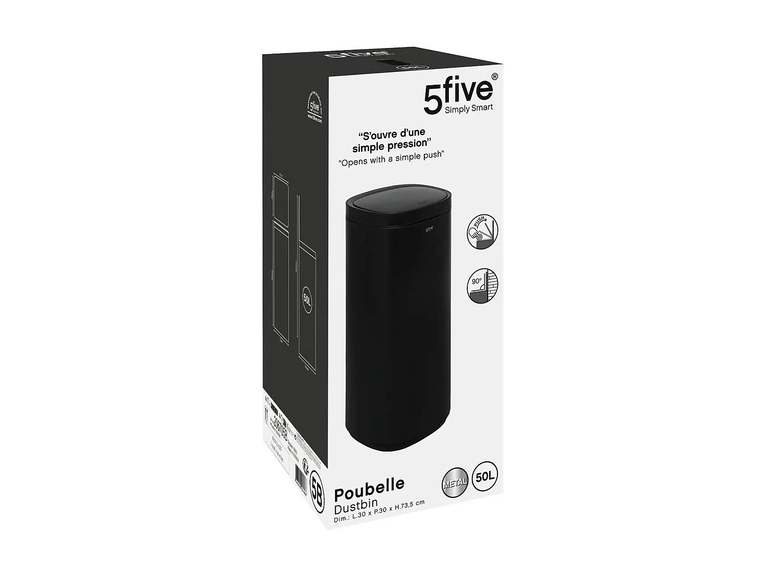 Poubelle de Cuisine Ouverture Pression "Inox" 50L Noir