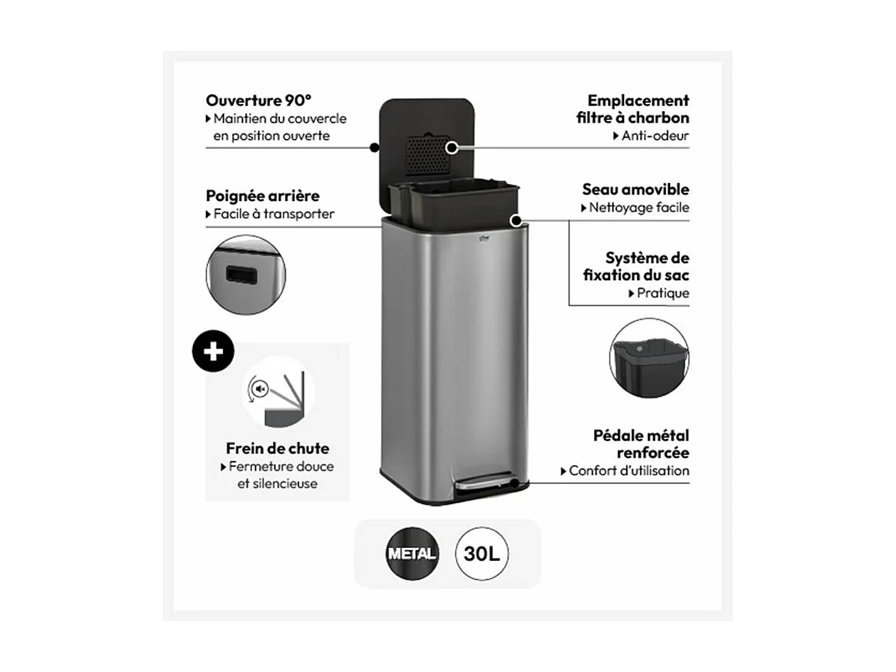 Poubelle de Cuisine à Pédale en Métal "Delta" 30L Carbonne