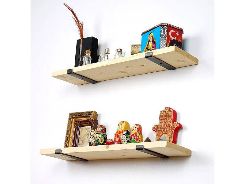 Étagère murale en bois d'épicéa et métal - 2 rangements - bois et noir BUSSA