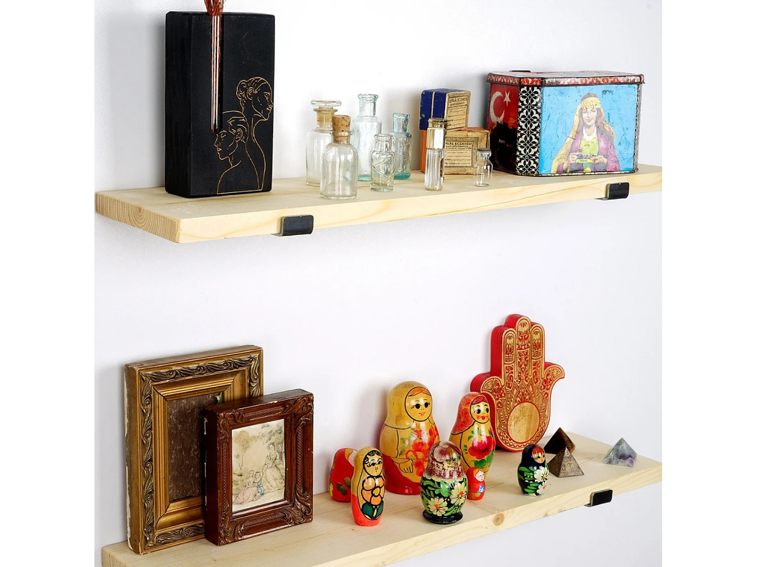 Étagère murale en bois d'épicéa et métal - 2 rangements - bois et noir BUSSA