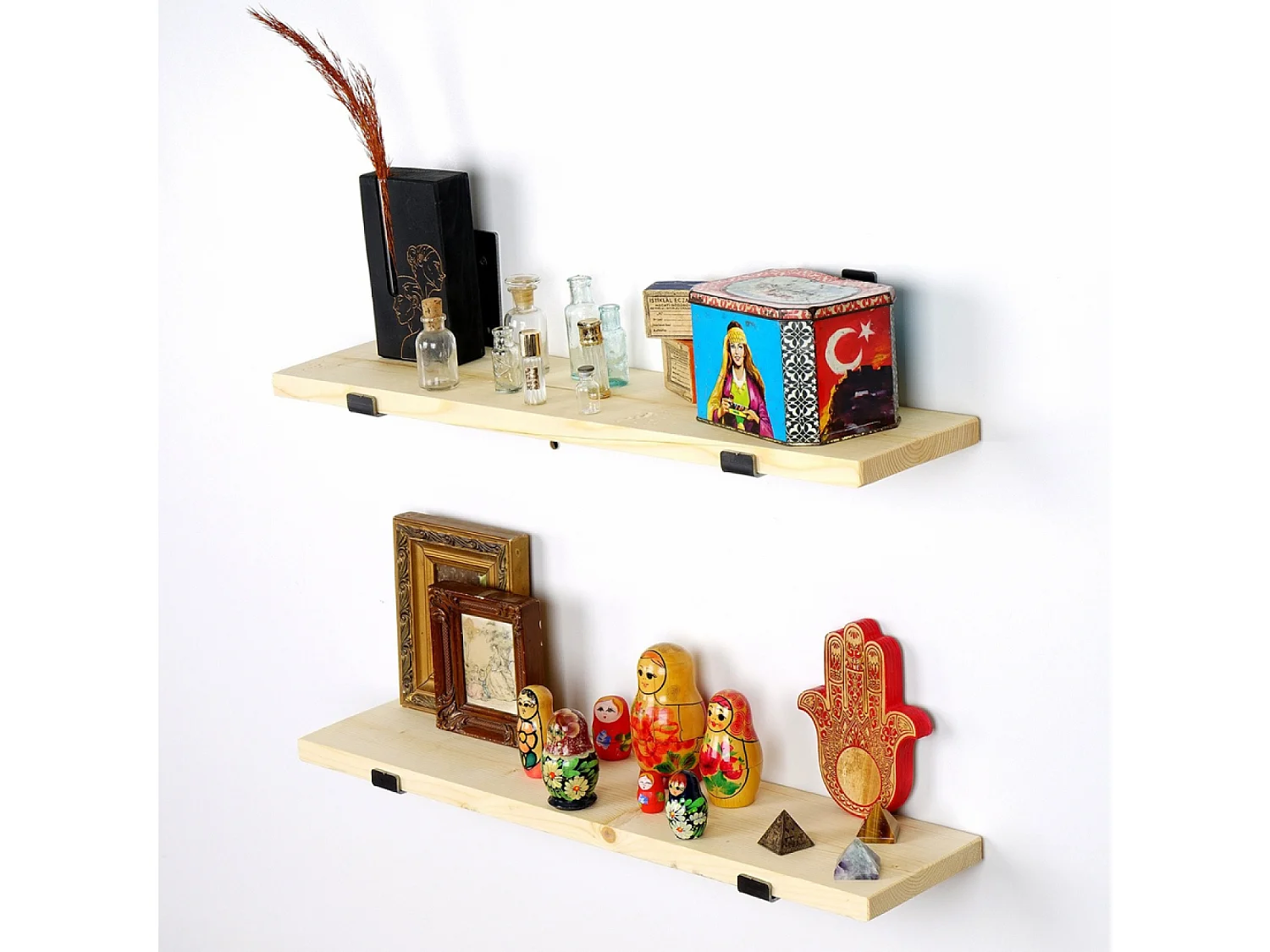 Étagère murale en bois d'épicéa et métal - 2 rangements - bois et noir BUSSA