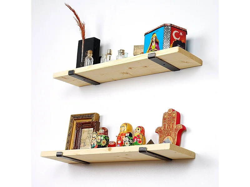 Étagère murale en bois d'épicéa et métal - 2 rangements - bois et noir BUSSA