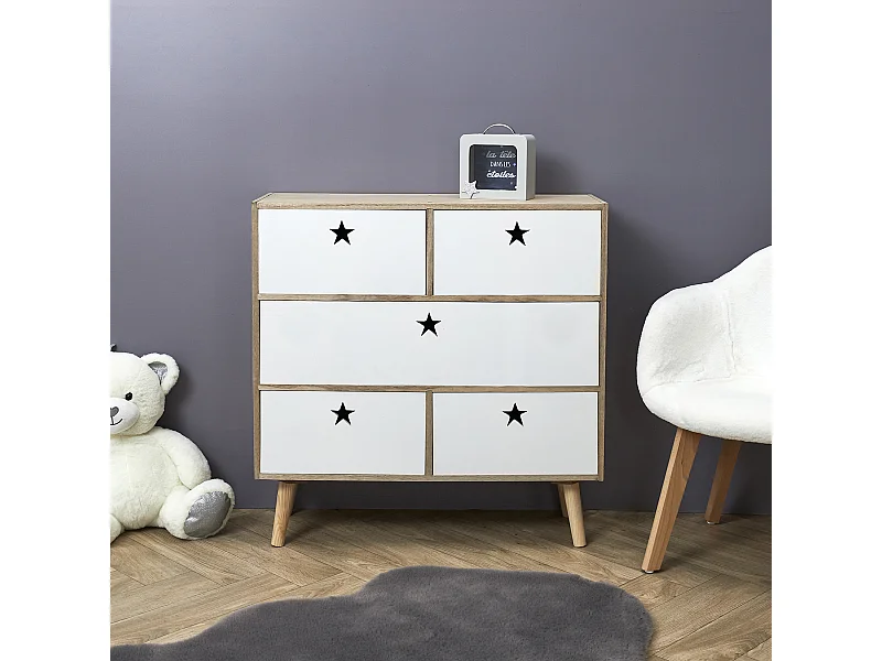 Commode 5 Tiroirs "Star" 70cm Blanc & Beige