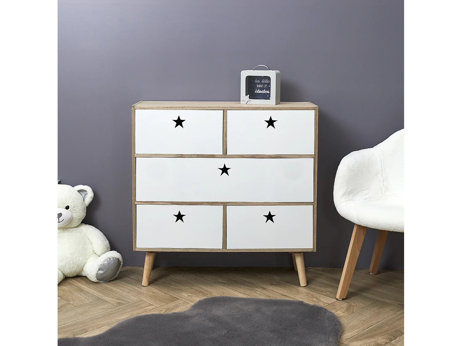 Commode 5 Tiroirs "Star" 70cm Blanc & Beige