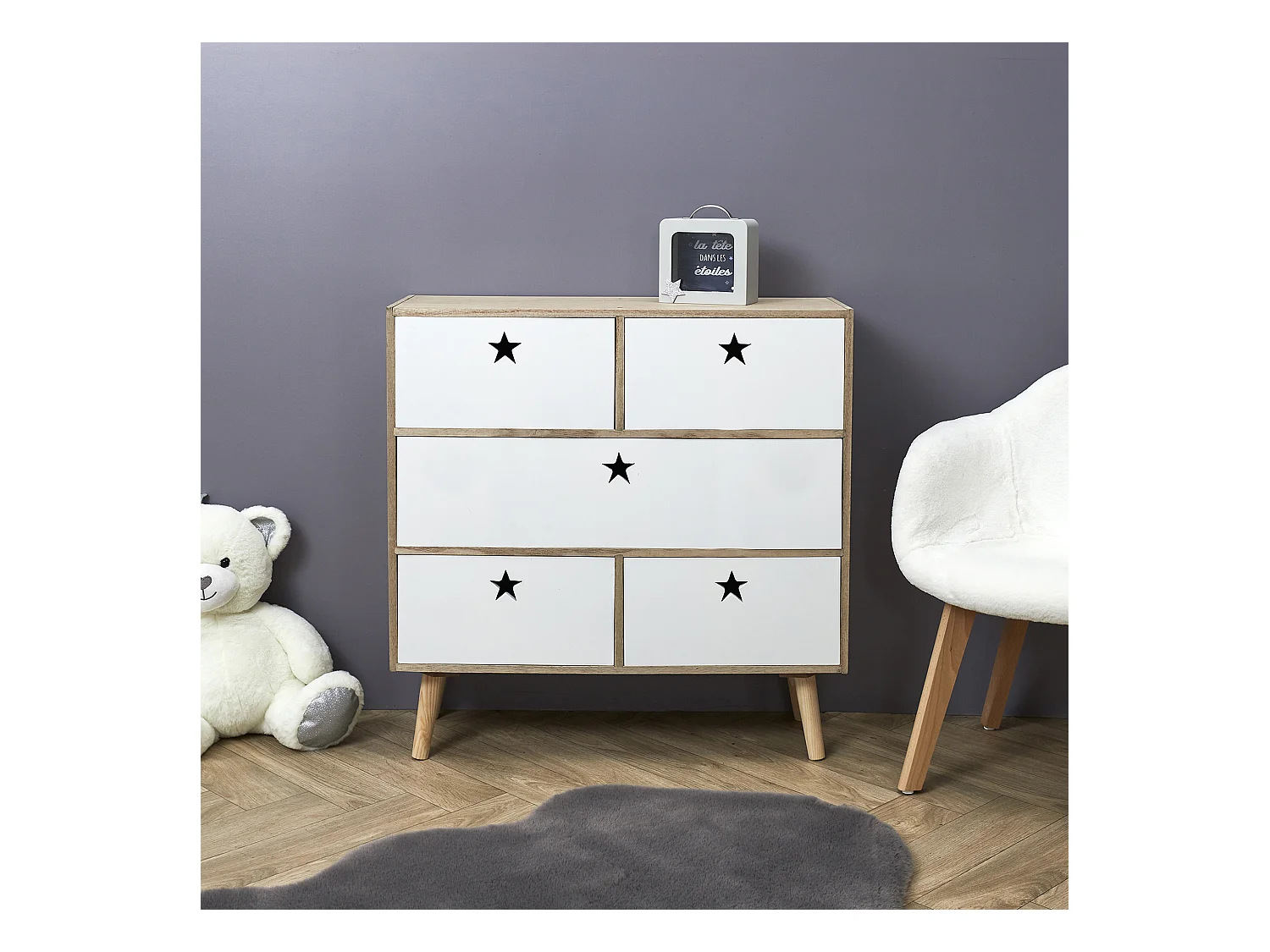 Commode 5 Tiroirs "Star" 70cm Blanc & Beige