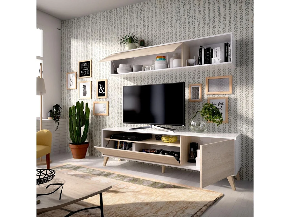 Composición de salón Bonn con módulo alto y mueble de TV blanco/natural