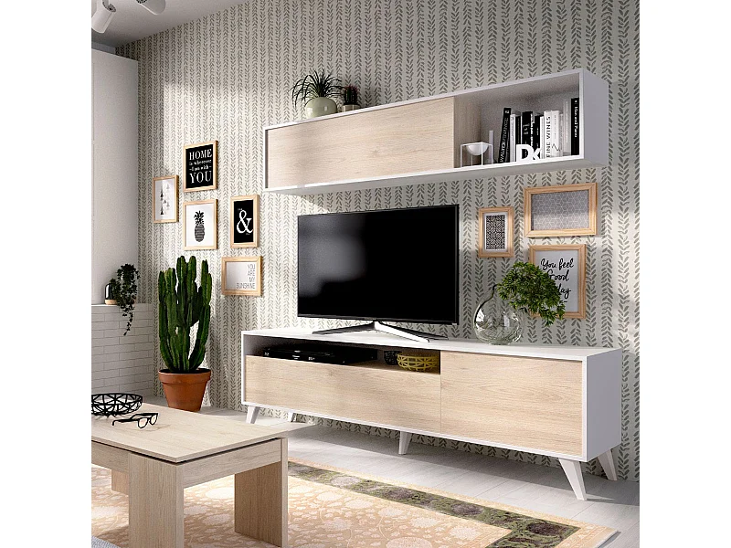 Composición de salón Bonn con módulo alto y mueble de TV blanco/natural