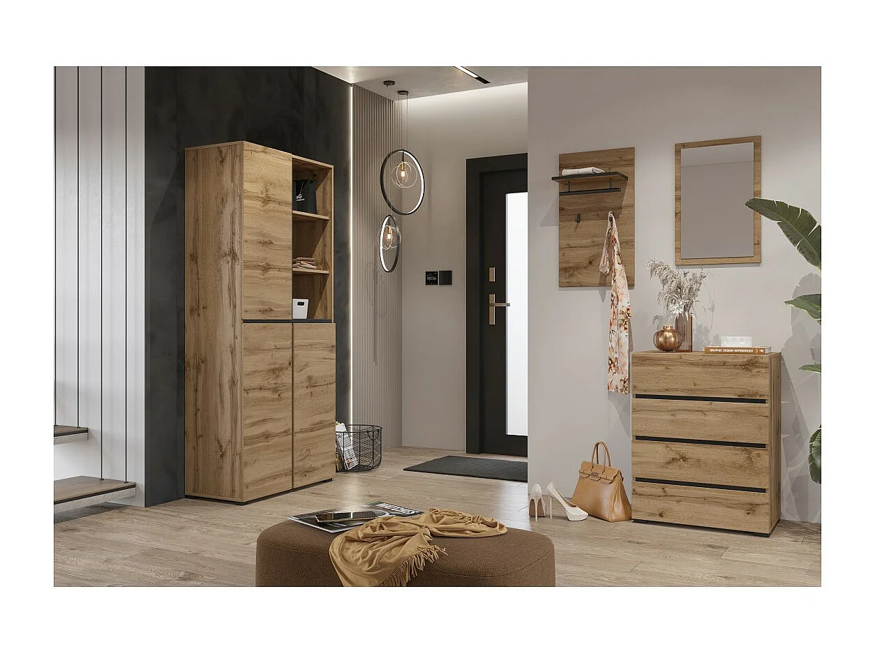 Vitrinekast hoog 2 deuren collectie HAVANA met geïntegreerde LED. Kleur eiken en zwart.