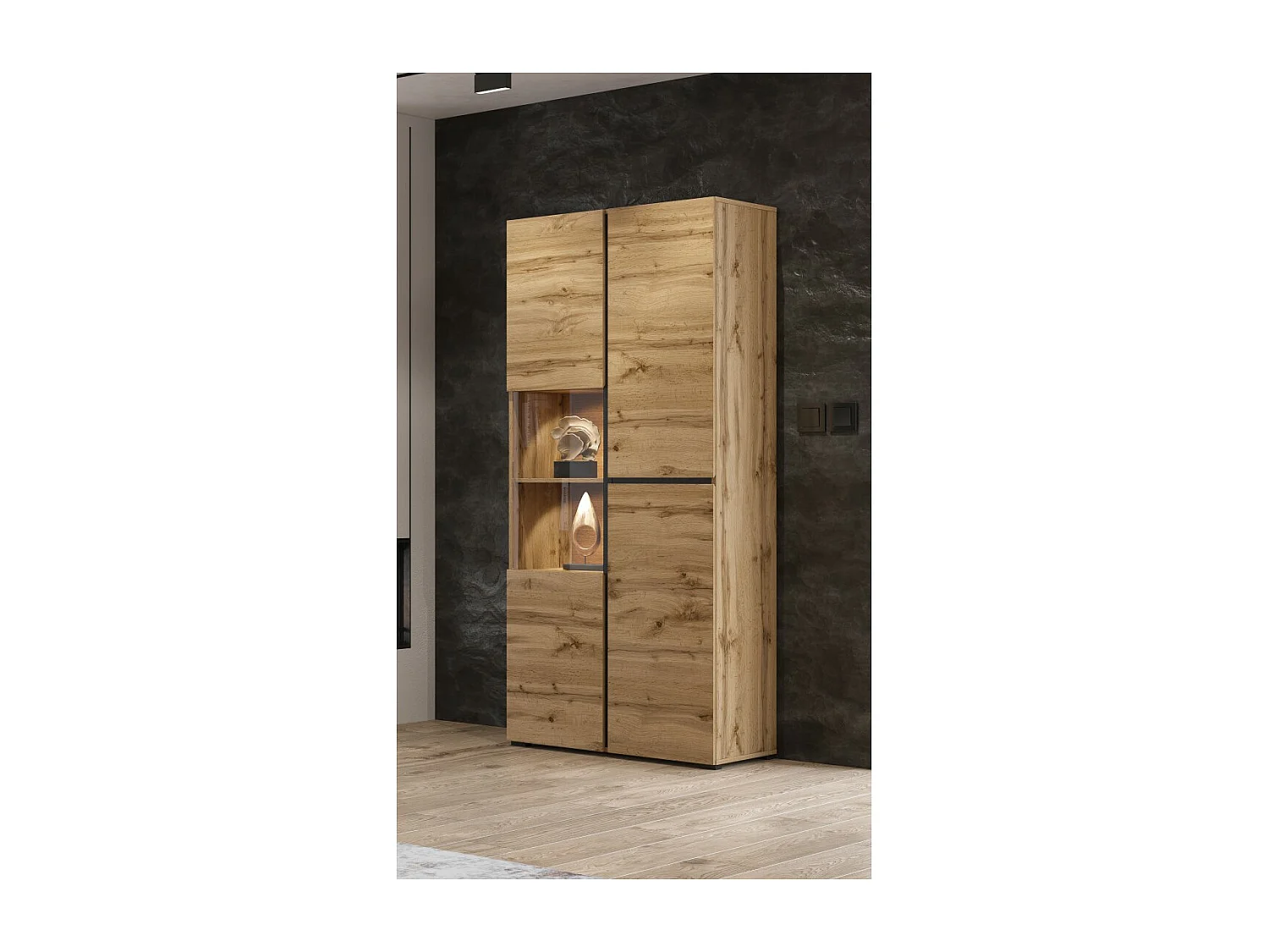 Vitrinekast hoog 2 deuren collectie HAVANA met geïntegreerde LED. Kleur eiken en zwart.