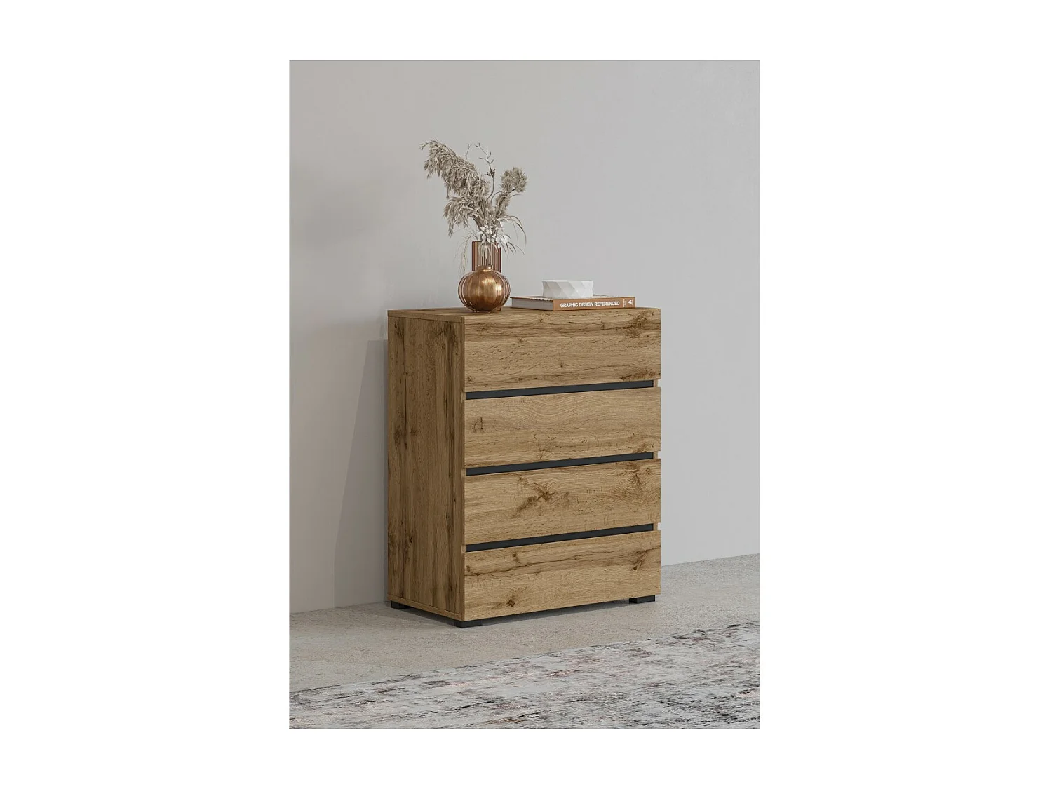 Petit buffet HAVANA – 4 tiroirs – Chêne et noir – Style naturel et moderne