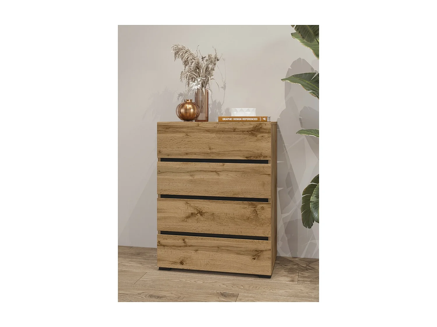 Petit buffet HAVANA – 4 tiroirs – Chêne et noir – Style naturel et moderne