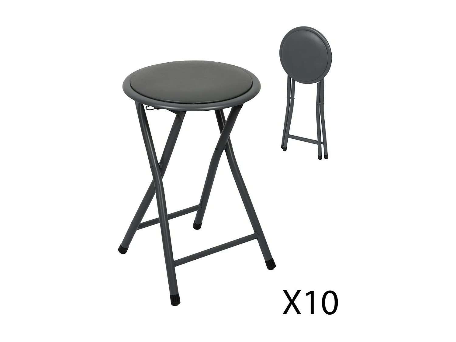 Lot de 10 tabourets pliables – Collection BASICUS, coloris noir, assise en PU, diamètre 30 cm, hauteur 45 cm