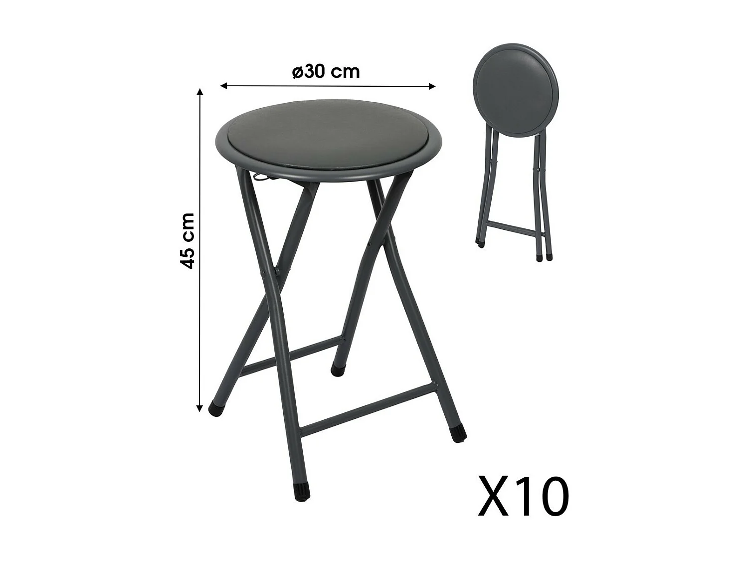 Lot de 10 tabourets pliables – Collection BASICUS, coloris noir, assise en PU, diamètre 30 cm, hauteur 45 cm