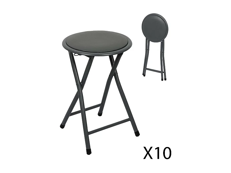 Lot de 10 tabourets pliables – Collection BASICUS, coloris noir, assise en PU, diamètre 30 cm, hauteur 45 cm