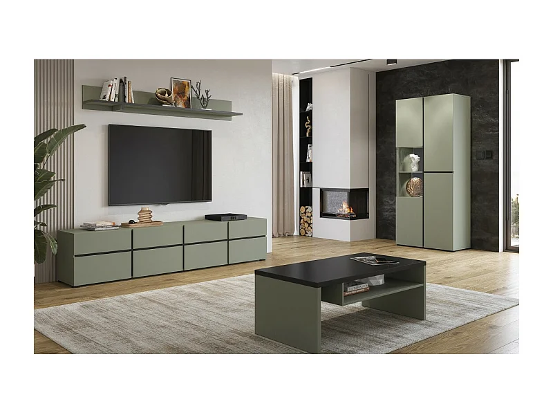 Set van 4 meubels collectie HAVANA in saliegroen. XL TV-meubel, vitrinekast, salontafel, boekenplank.