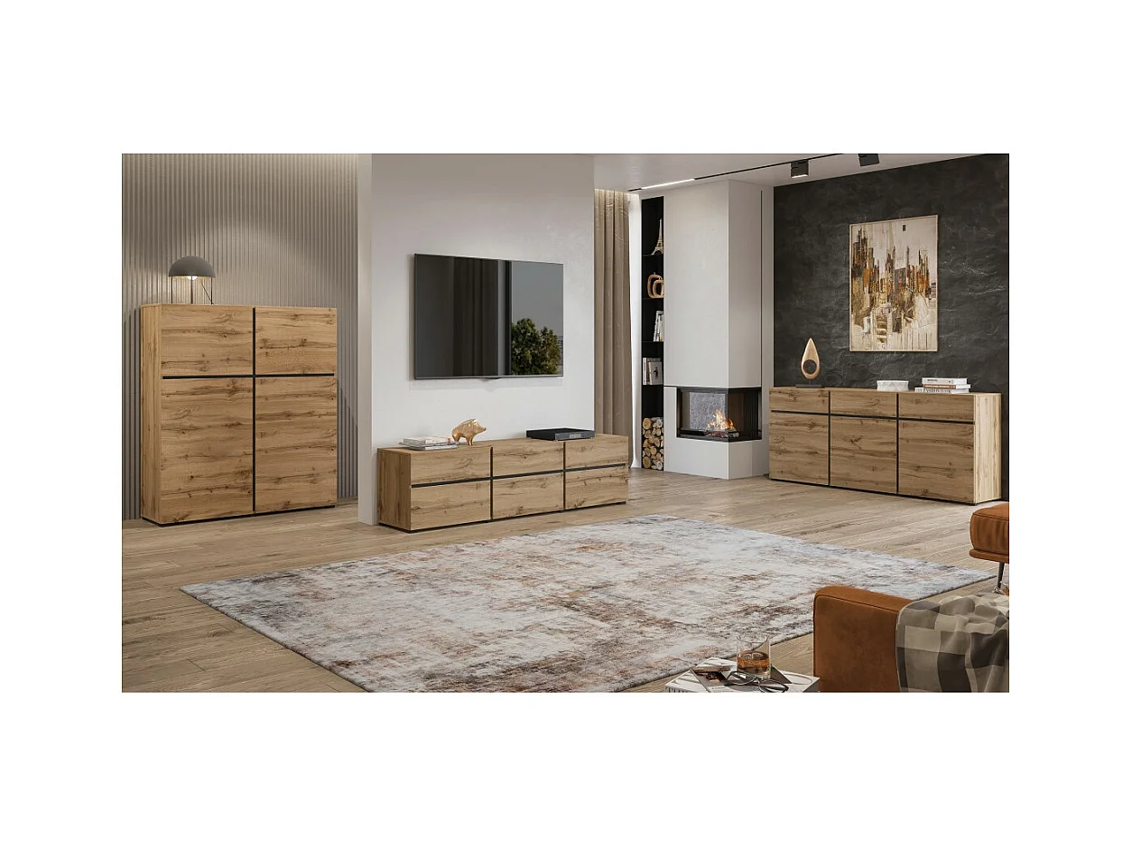 Ensemble meubles de salon HAVANA – Buffet haut, meuble TV, buffet bas – Design moderne chêne et noir