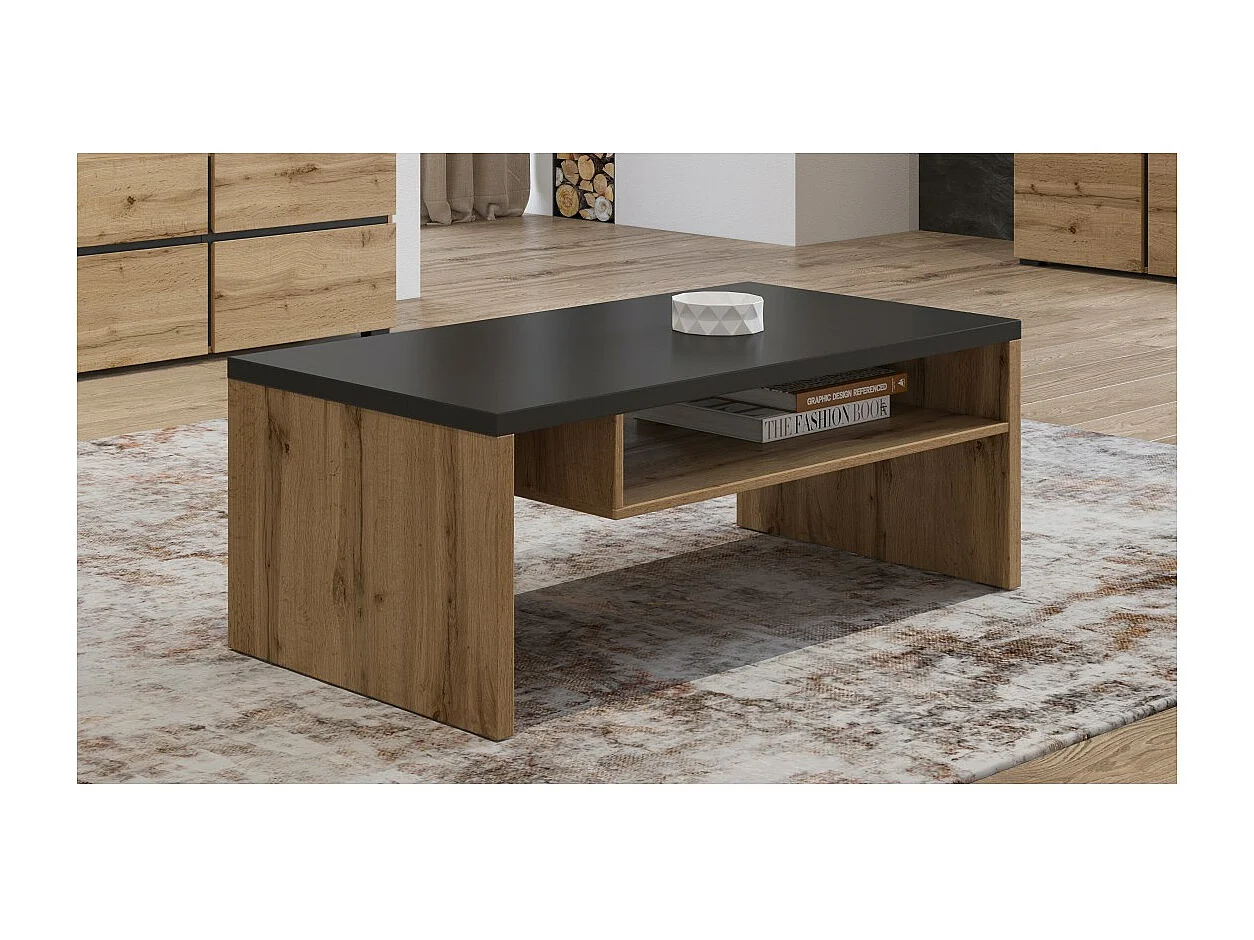 Salontafel HAVANA – Eiken en zwart – Mat zwart blad – Met nis – Natuurlijke en moderne stijl