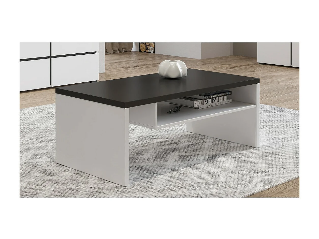 Salontafel HAVANA – Mat wit en zwart – Matzwart blad – Met nis – Modern ontwerp