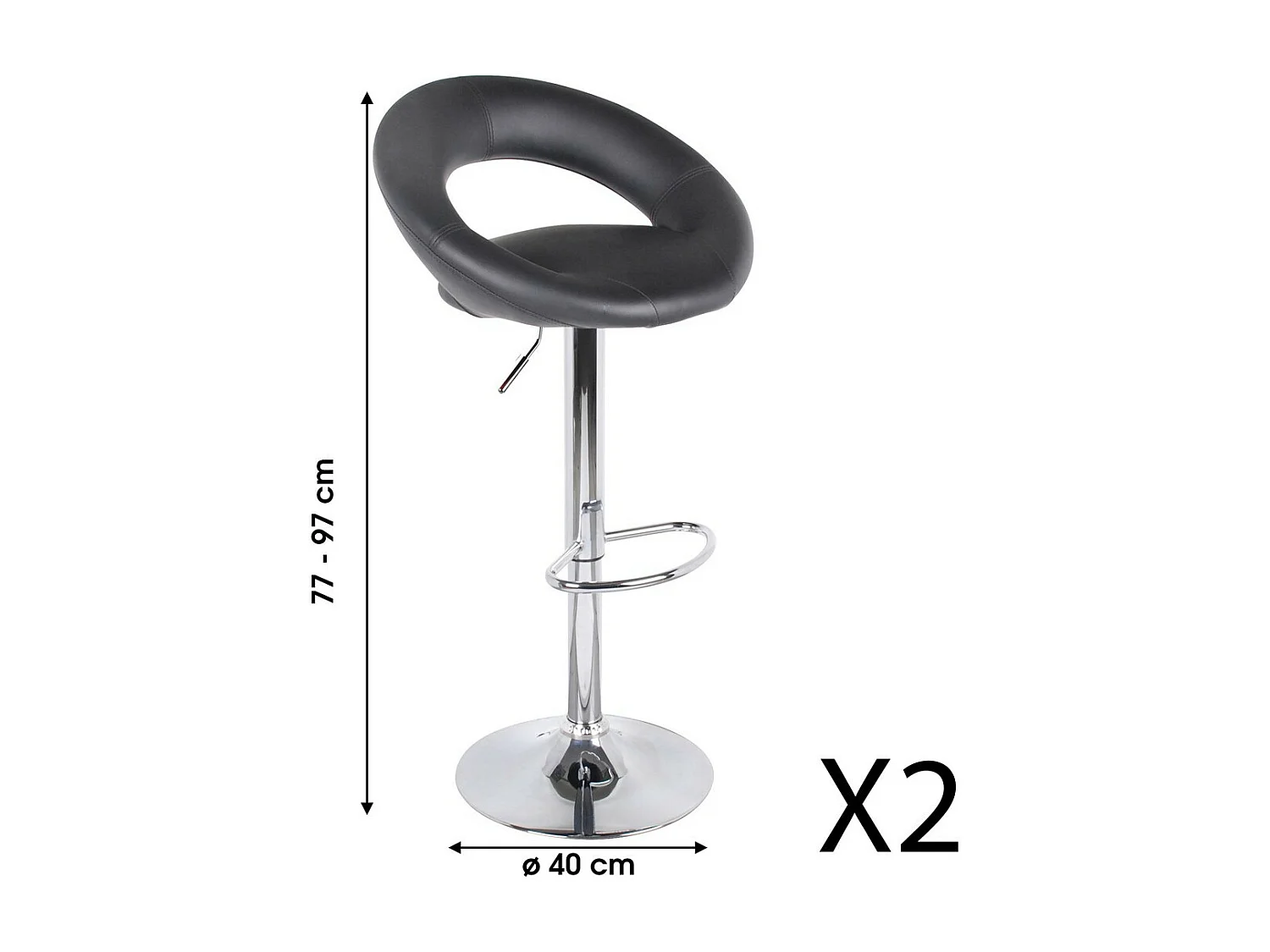 Lot de 2 tabourets de bar réglables en hauteur 77-97 cm – Assise simili cuir PU noir, pied en métal gris, diamètre 40 cm