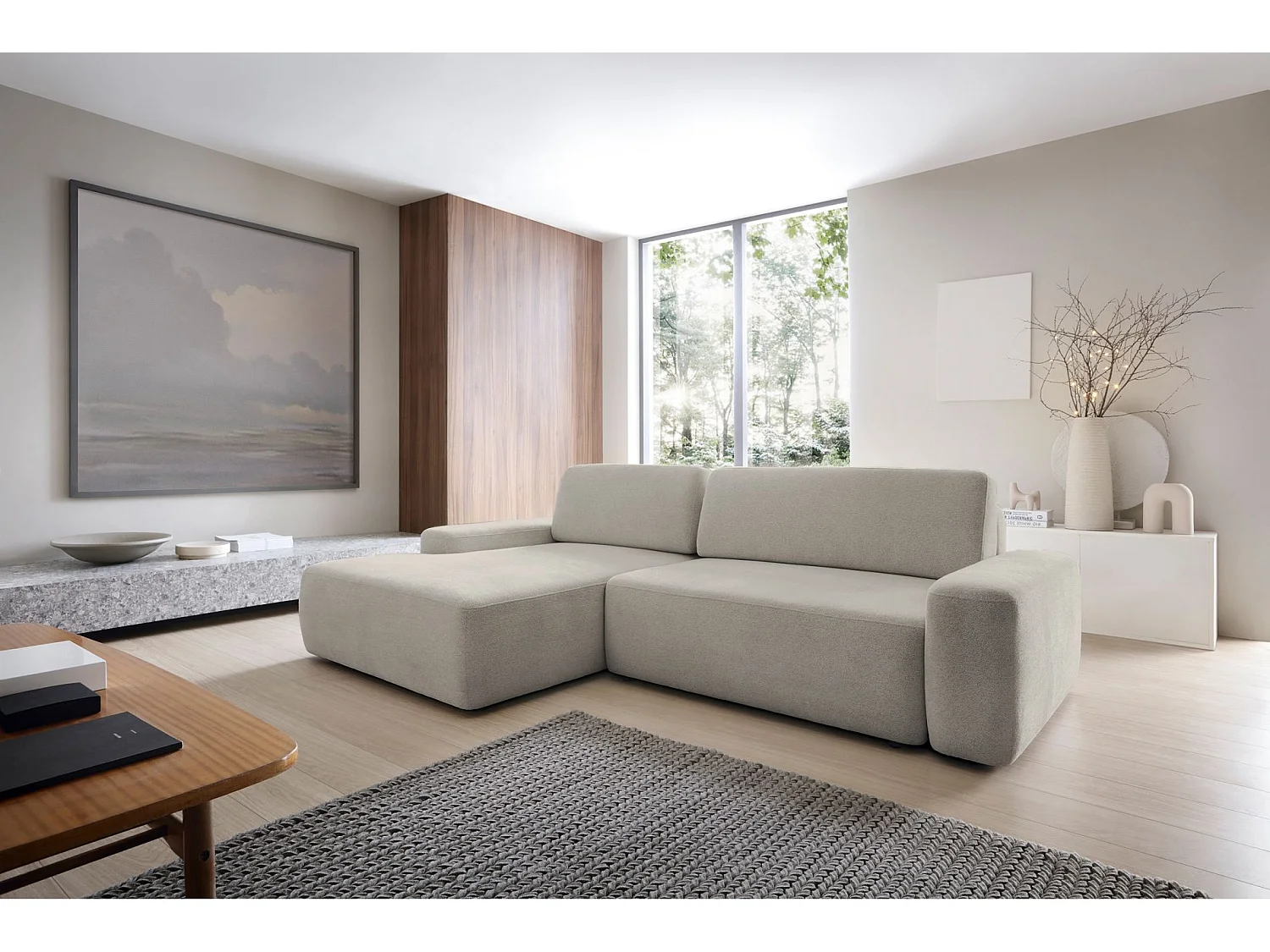 Canapé d'angle convertible - gris-beige chenille - côté gauche - BALEO