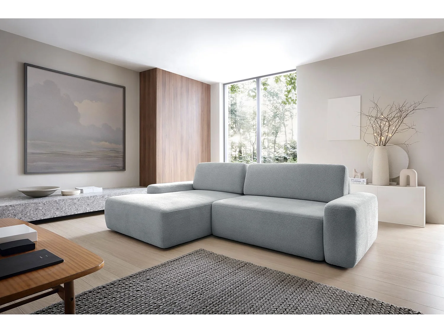 Hoekbank met slaapbank - lichtgrijs chenille - linkerzijde - BALEO