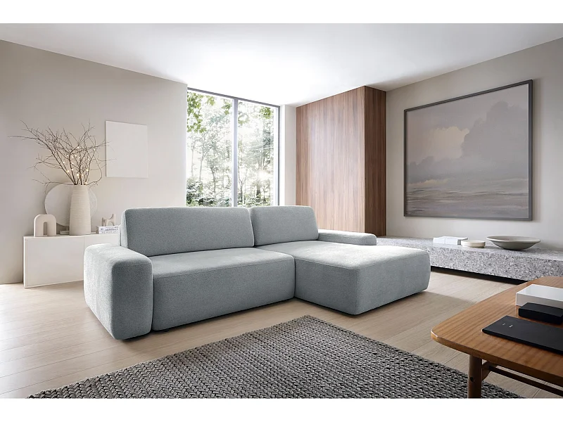 Ecksofa mit Schlaffunktion - Chenille-Bezug - hellgrau - rechtsseitig - BALEO