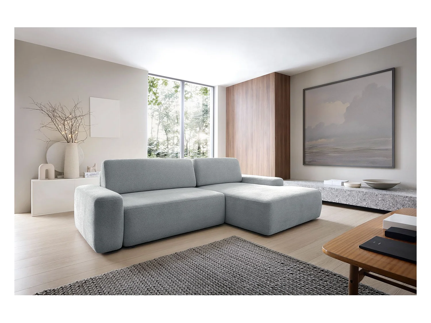 Hoekbank met slaapbank - lichtgrijs chenille - rechterkant - BALEO