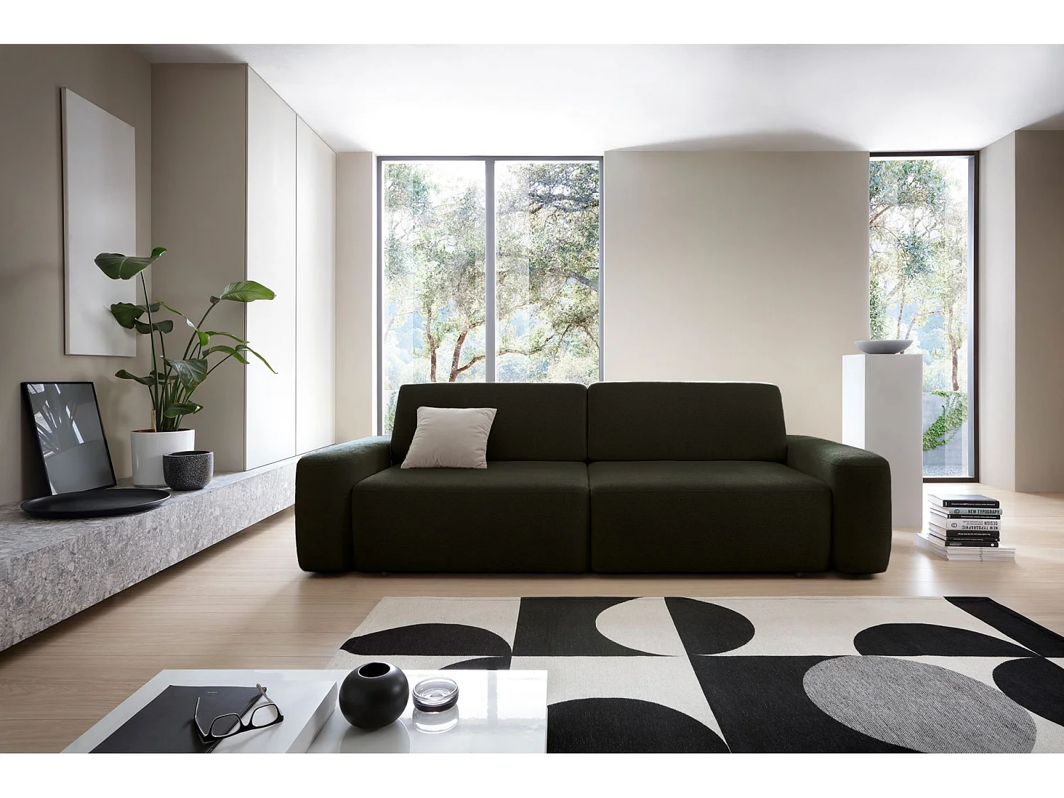 3-Sitzer Sofa mit Schlaffunktion - Chenille-Bezug - olivgrün - BALEO