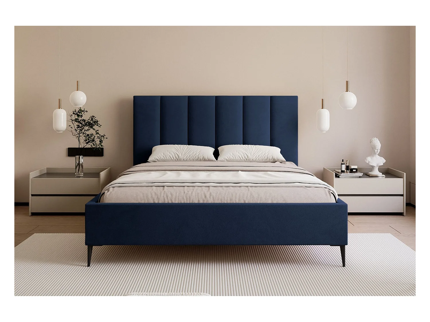 Lit coffre avec pieds - 140x200 cm - en tissu velours marine - MASEGO