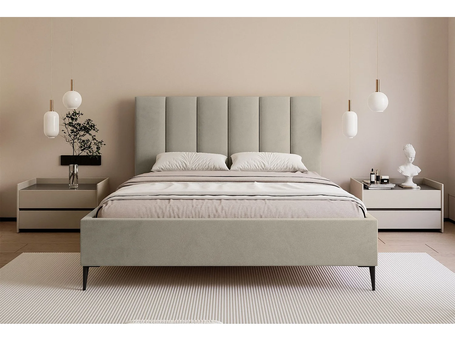 Lit coffre avec pieds - 140x200 cm - en tissu velours beige clair - MASEGO