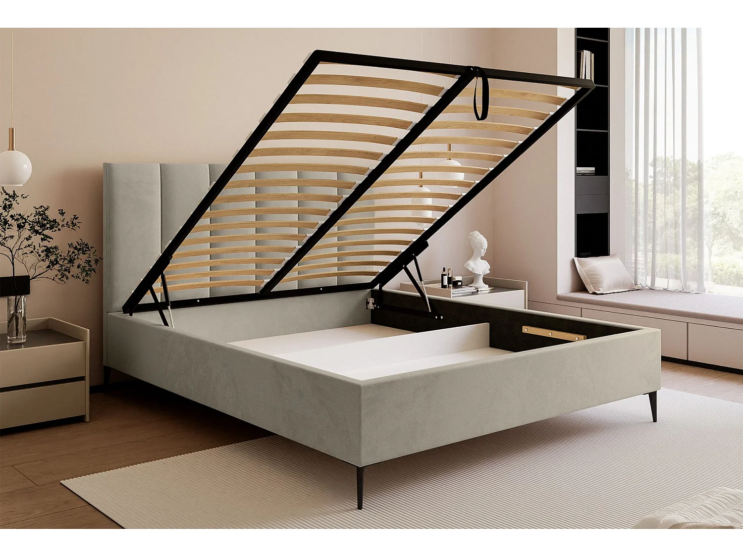 Lit coffre avec pieds - 140x200 cm - en tissu velours beige clair - MASEGO