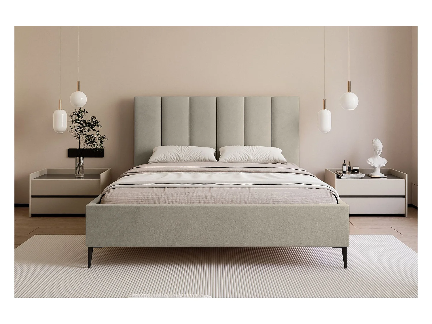 Lit coffre avec pieds - 140x200 cm - en tissu velours beige clair - MASEGO