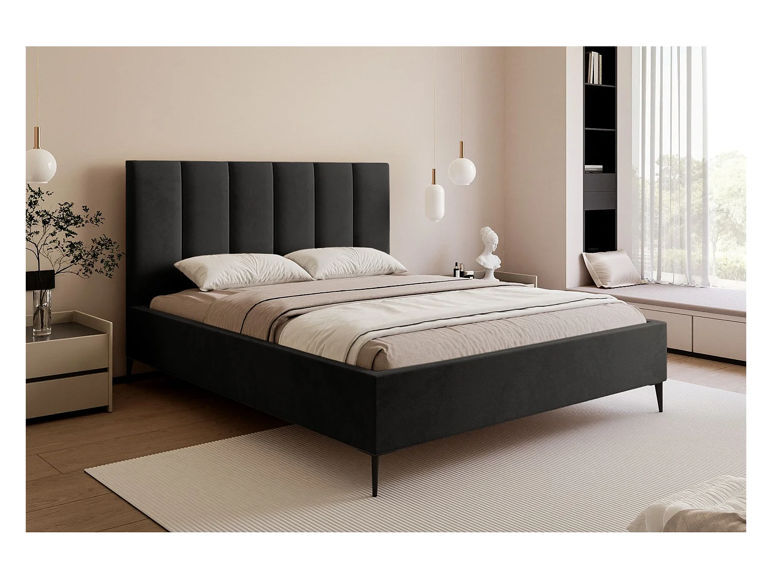Lit coffre avec pieds - 140x200 cm - en tissu velours gris foncé - MASEGO