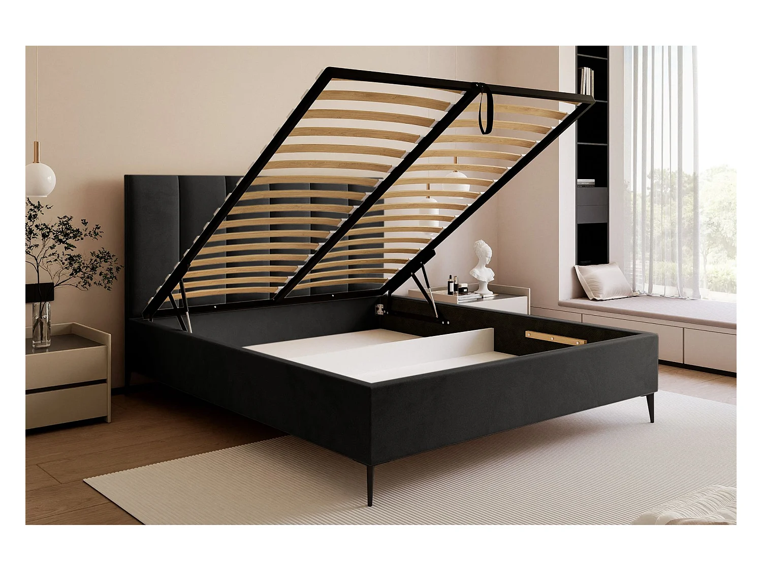 Lit coffre avec pieds - 140x200 cm - en tissu velours gris foncé - MASEGO
