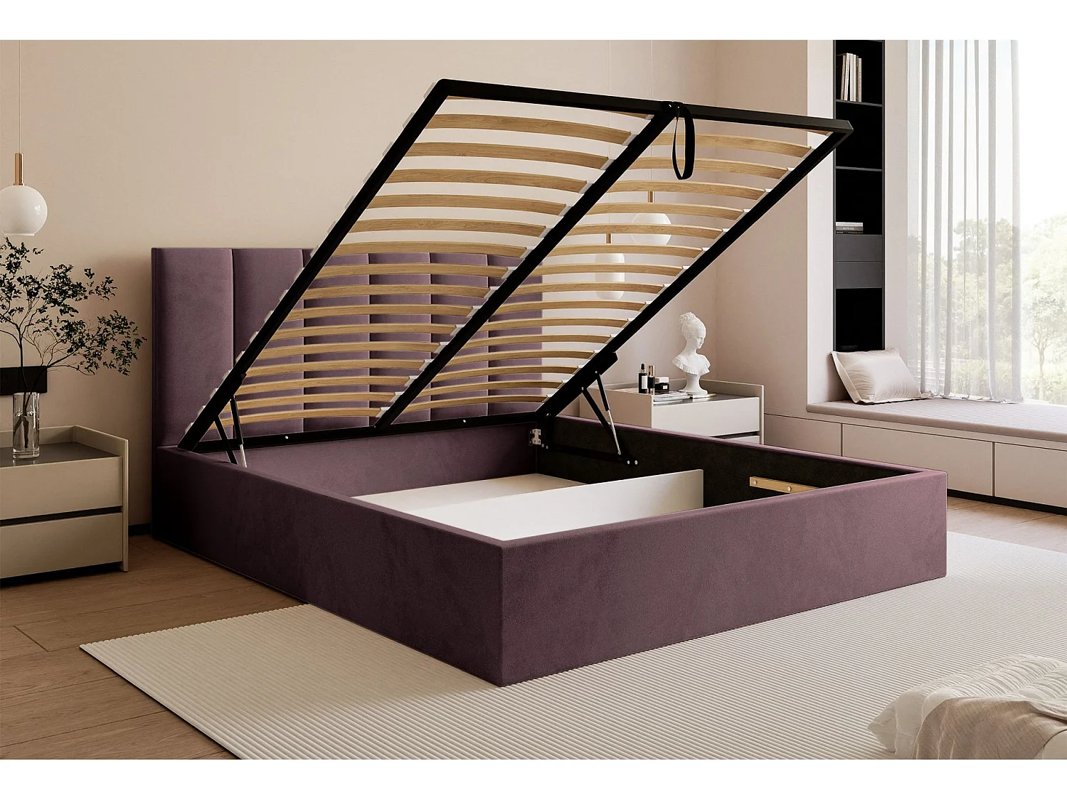 Lit coffre - 140x200 cm - en tissu velours violet - MASEGO