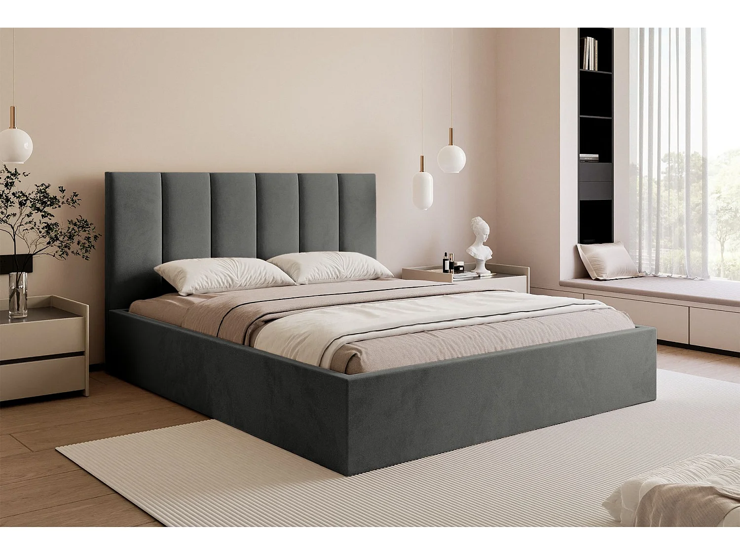 Lit coffre - 160x200 cm - en tissu velours gris - MASEGO