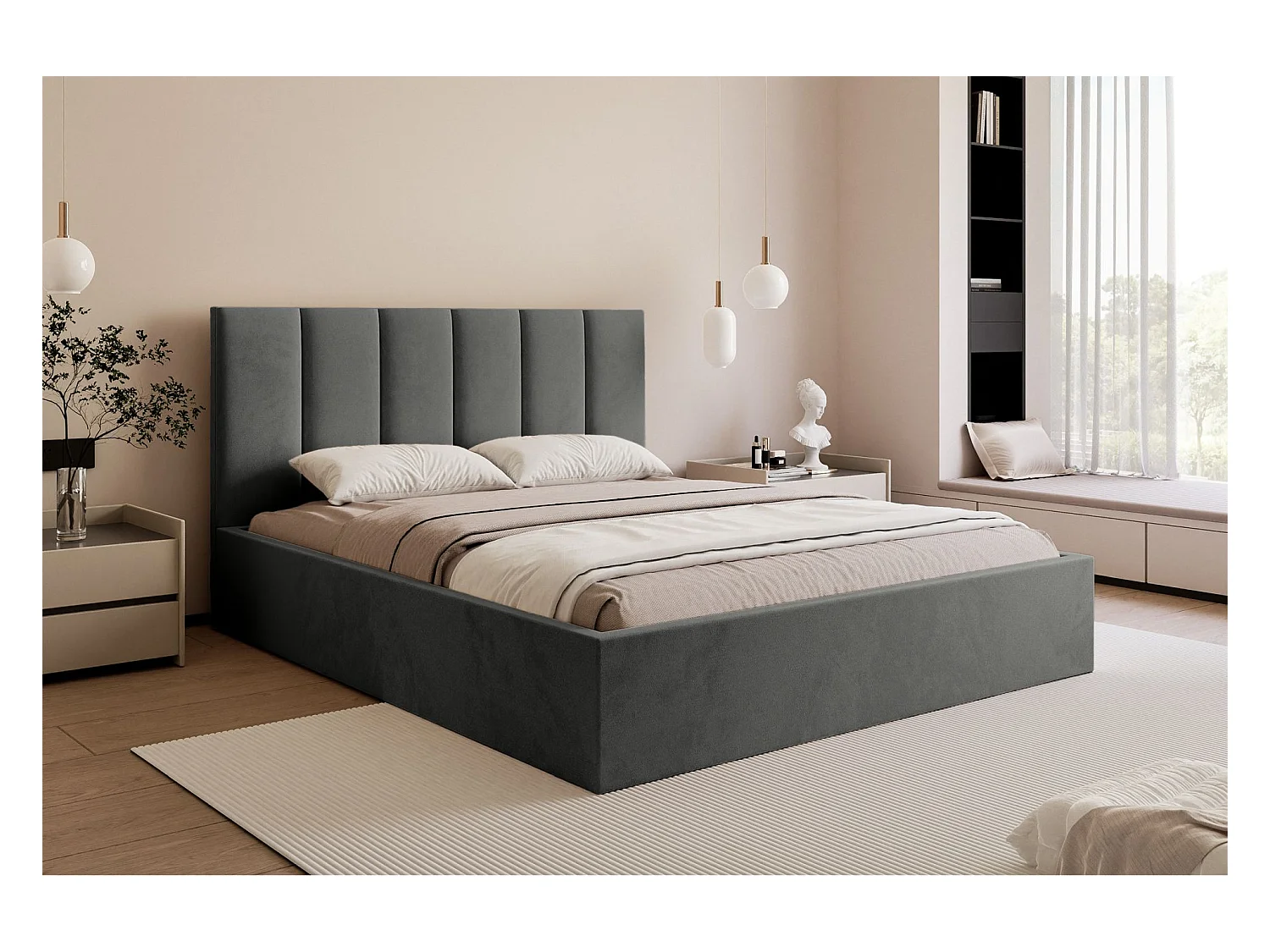 Lit coffre - 160x200 cm - en tissu velours gris - MASEGO