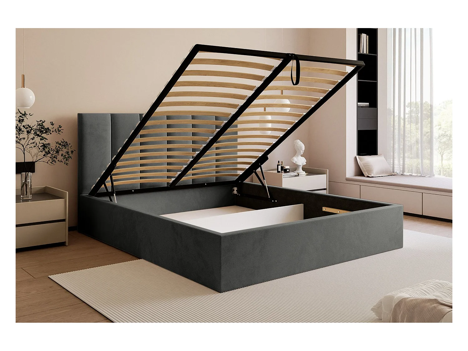 Lit coffre - 160x200 cm - en tissu velours gris - MASEGO