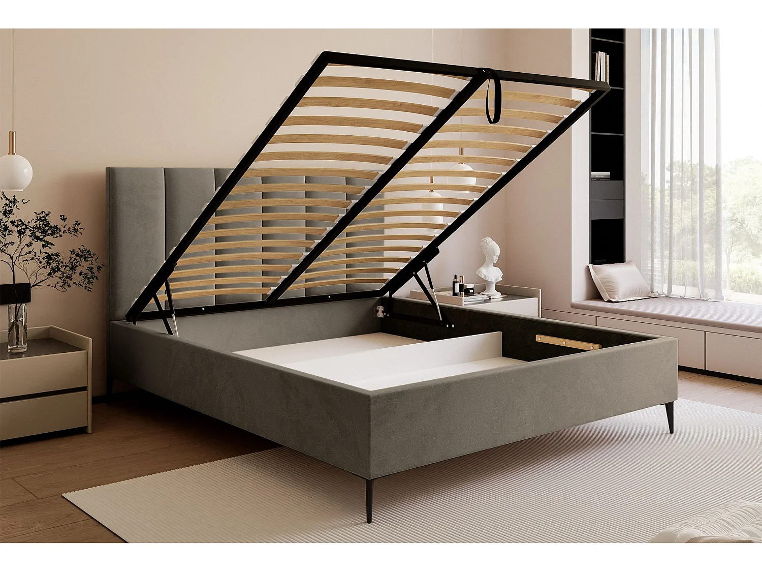 Lit coffre avec pieds - 160x200 cm - en tissu velours gris beige - MASEGO