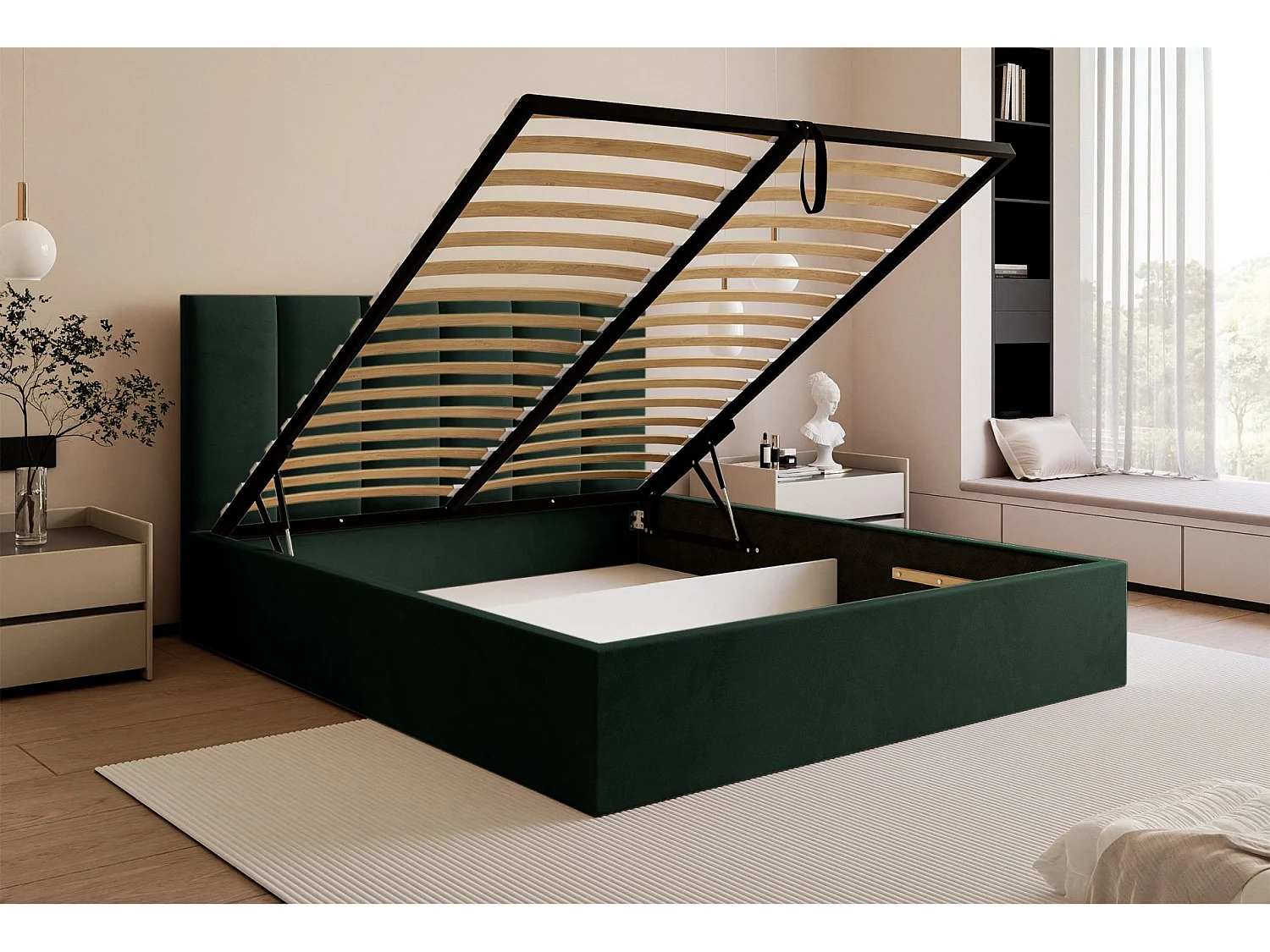 Lit coffre - 140x200 cm - en tissu velours vert foncé - MASEGO