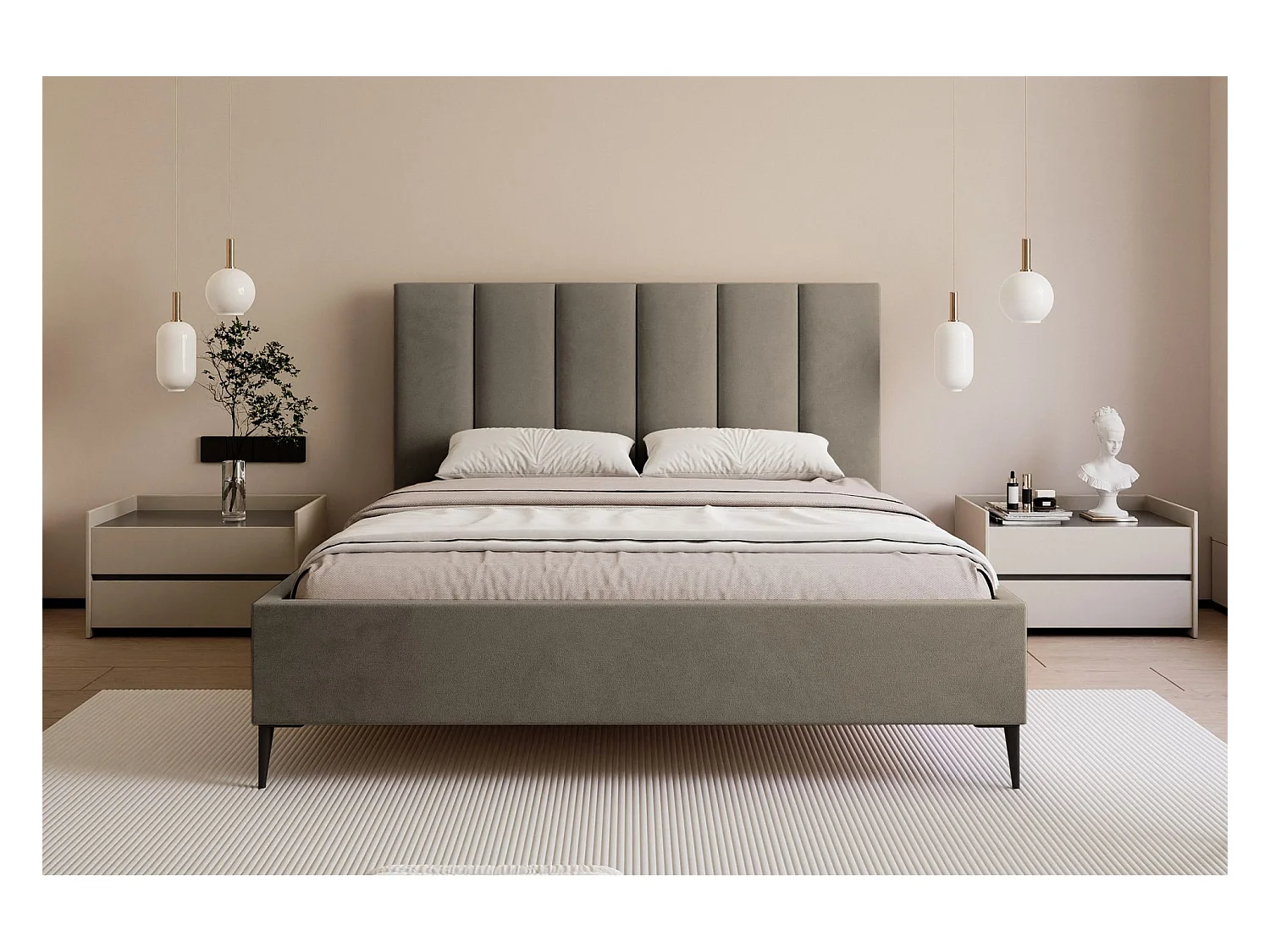 Lit coffre avec pieds - 180x200 cm - en tissu velours gris beige - MASEGO