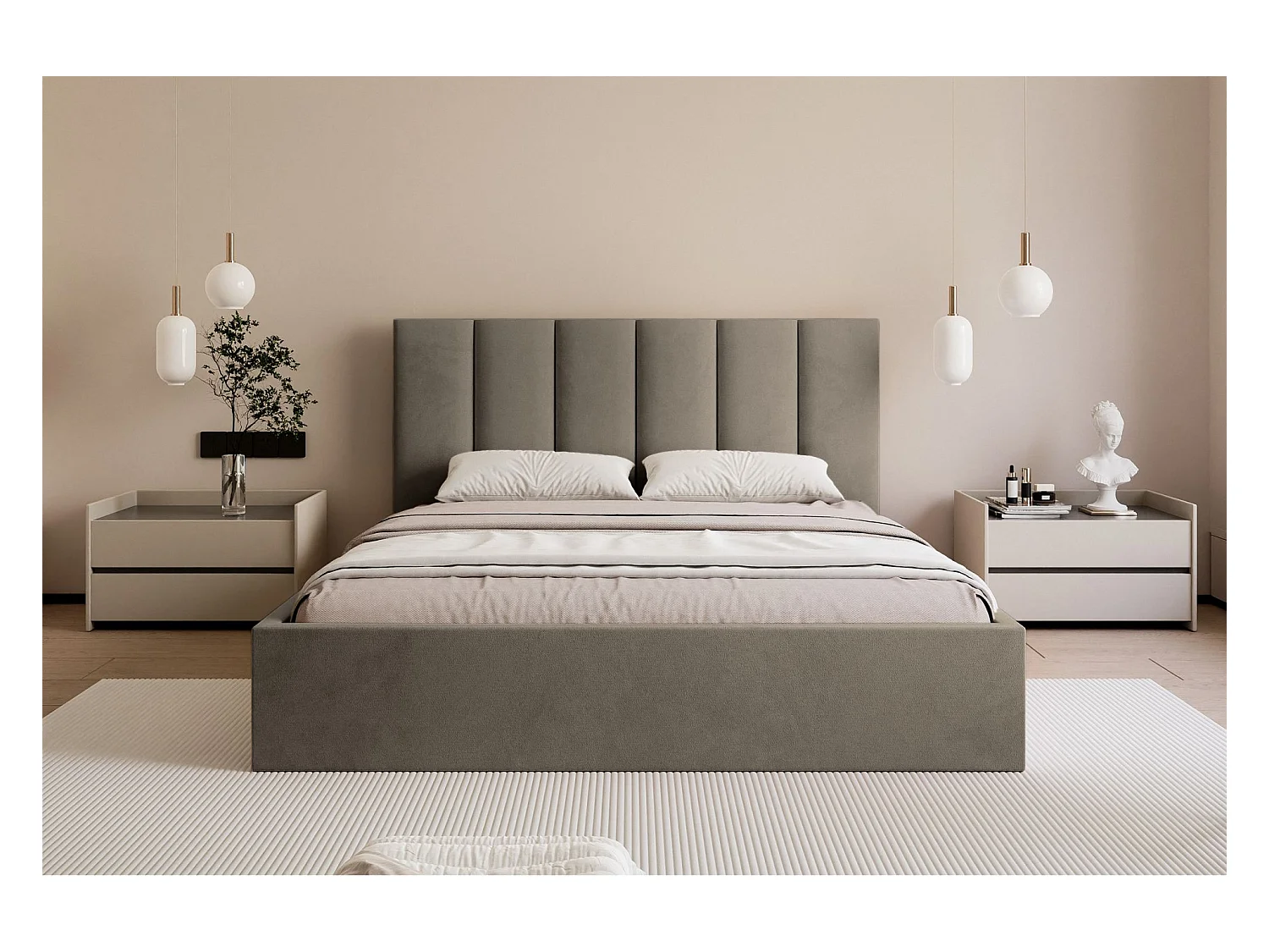 Lit coffre - 180x200 cm - en tissu velours gris beige - MASEGO